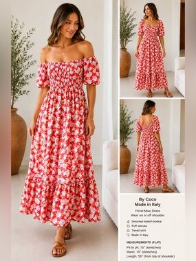 By Coco Italy Floral Smocked Maxi Dress Off Shoulder Puff Sleeve Boho S NWT